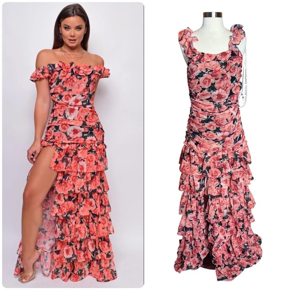 Emprada Floral Ruffled Off Shoulder High Slit Black Red Maxi Dress NWT Medium